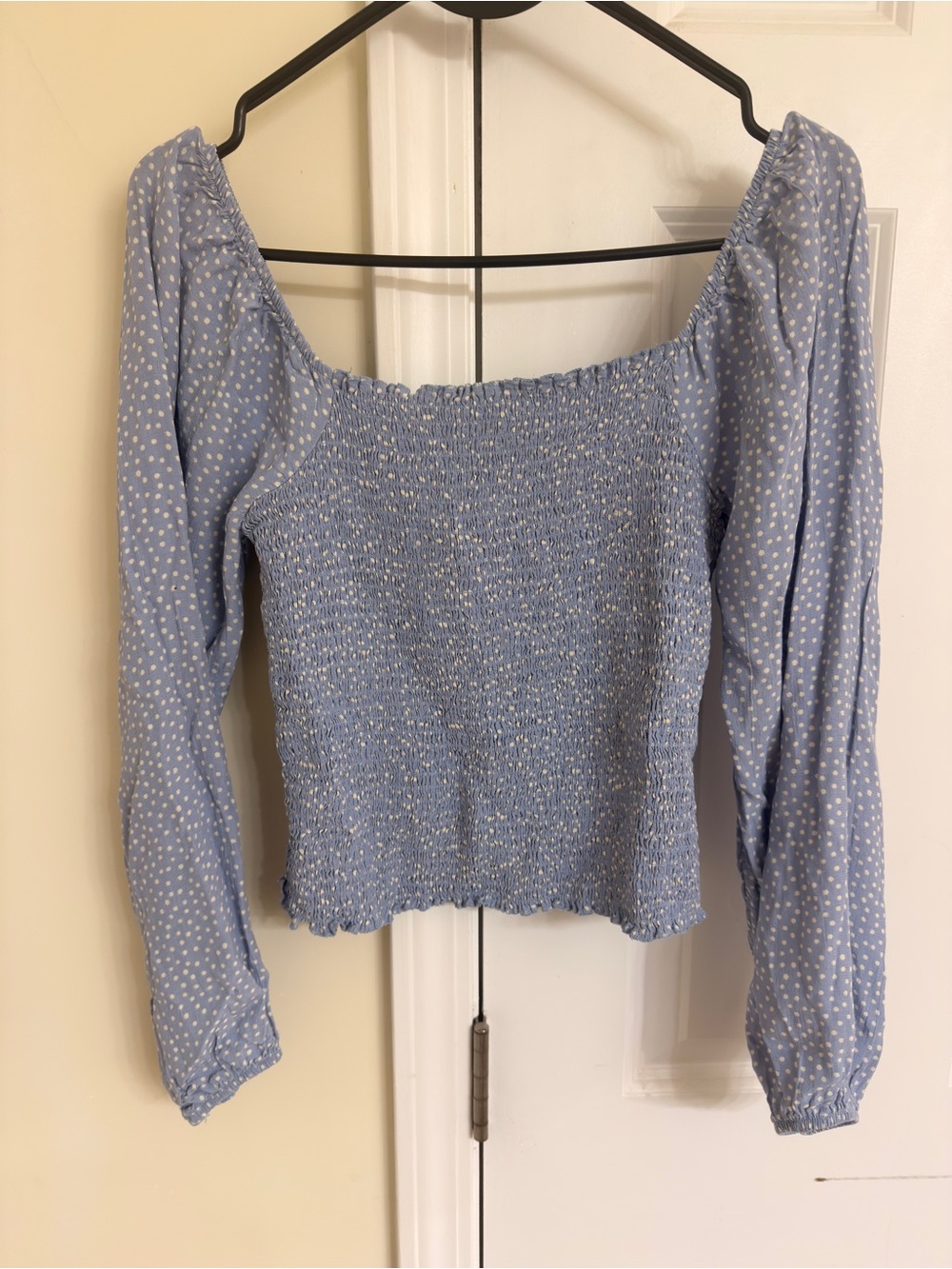 Smocked Off-Shoulder Long Sleeve Top - Light Blue with White Dots
